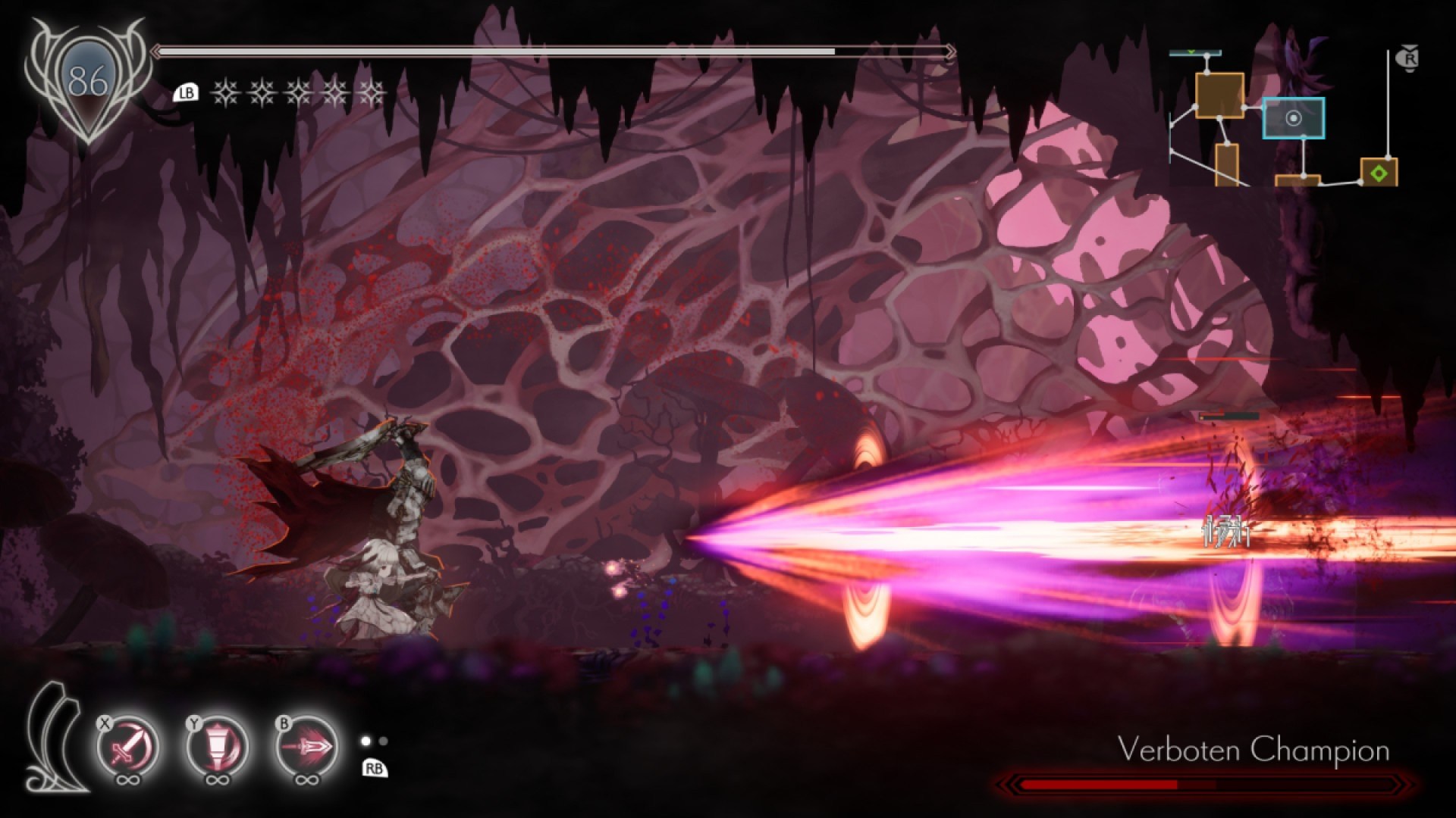 Ender Lilies screenshot of Lily fighting the miniboss in the Witches Thicket