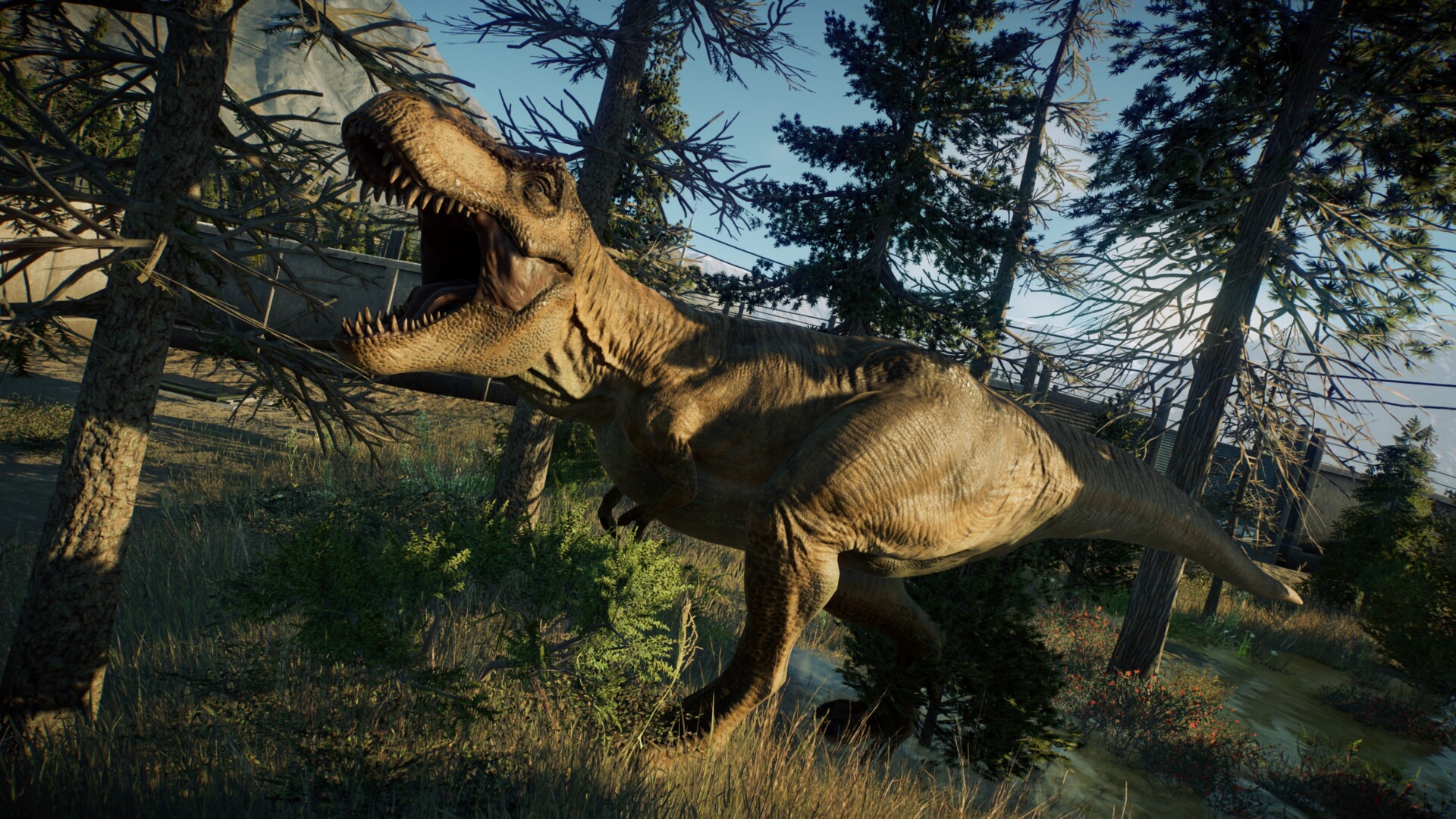 Jurassic World Evolution 2 - A T. rex hunts her prey, completely unaware  that a rival has broken through a recently opened gap in the fence. Chaos  is sure to ensue in