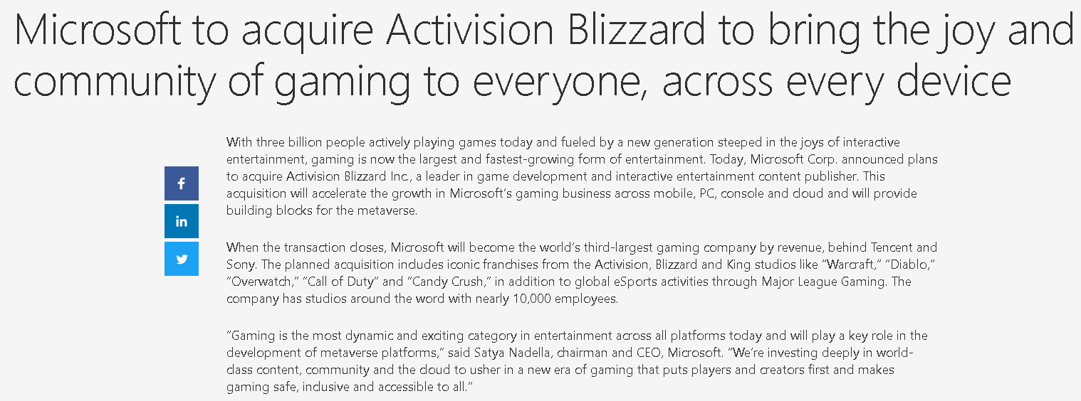 Microsoft To Acquire Activision Blizzard To Bring the Joy