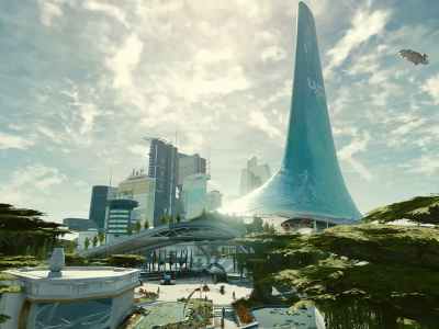 The United Colonies City Of Atlantis in Starfield. A ship is coming close to land next to a beautiful skyline.