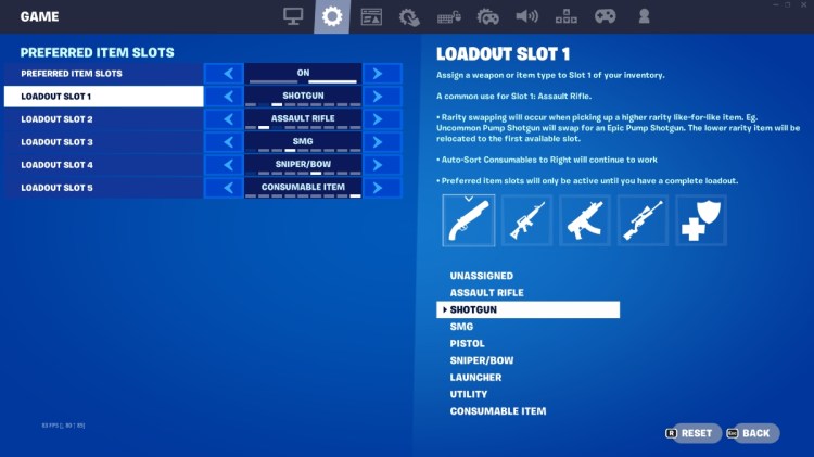 Preferred Item Slots Menu In Fortnite