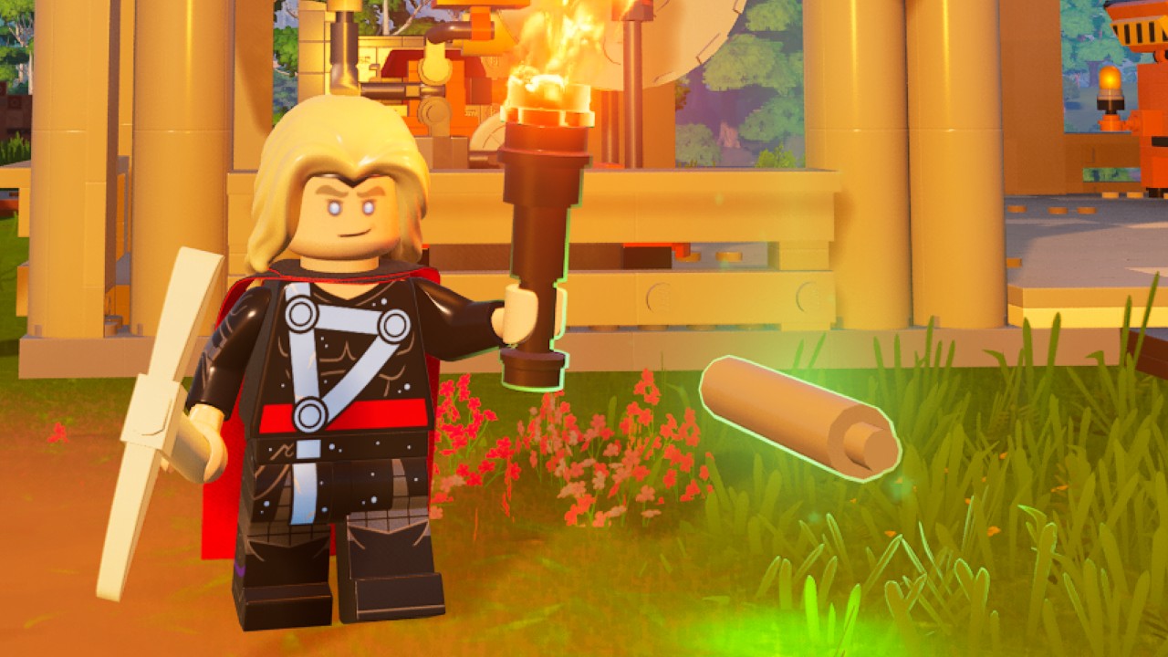 A screenshot of LEGO Fortnite. Thor is stood next to a Knotroot Rod