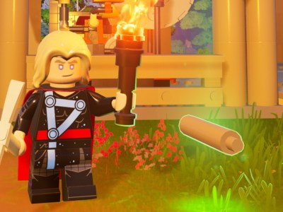 A screenshot of LEGO Fortnite. Thor is stood next to a Knotroot Rod