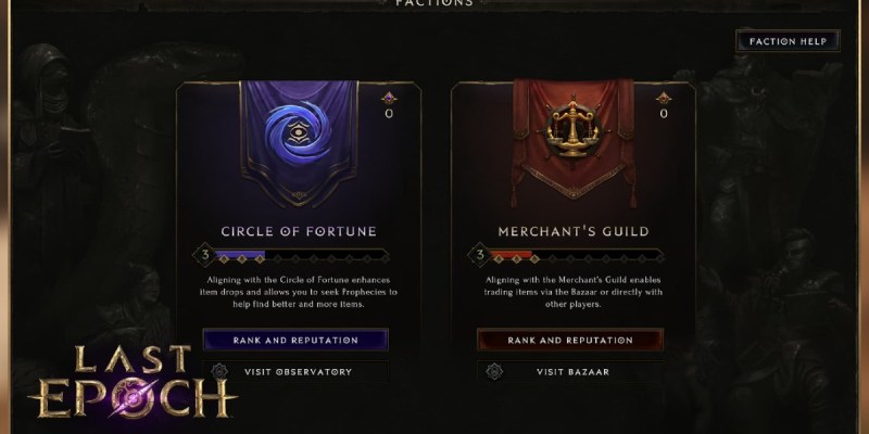 Last Epoch's Item Faction choice screen, offering the choice between the Circle of Fortune and Merchant's Guild