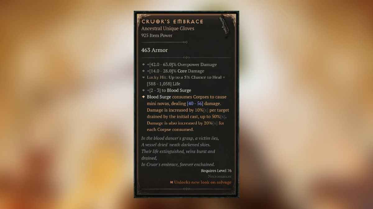 Diablo 4 Cruors Embrace Unique