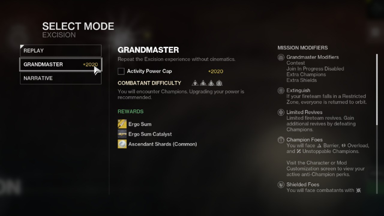 Grandmaster Excision Activity Destiny 2