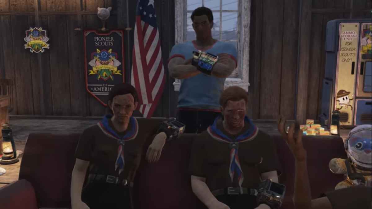 Joueurs de Fallout 76 sur un canapé debout