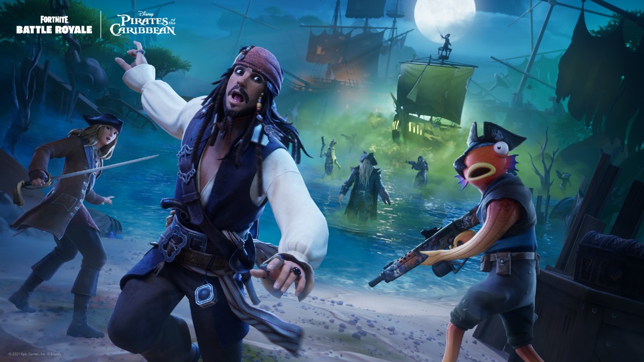 A promotional Fortnite x Pirates of the Caribbean render featuring Captain Jack Sparrow on a beach running from Davy Jones and a ghostly ship. Elizabeth Swann and Fishstick can be seen next to Jack, and various Fortnite characters are visible in the green ghostly smog atop the water