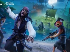A promotional Fortnite x Pirates of the Caribbean render featuring Captain Jack Sparrow on a beach running from Davy Jones and a ghostly ship. Elizabeth Swann and Fishstick can be seen next to Jack, and various Fortnite characters are visible in the green ghostly smog atop the water