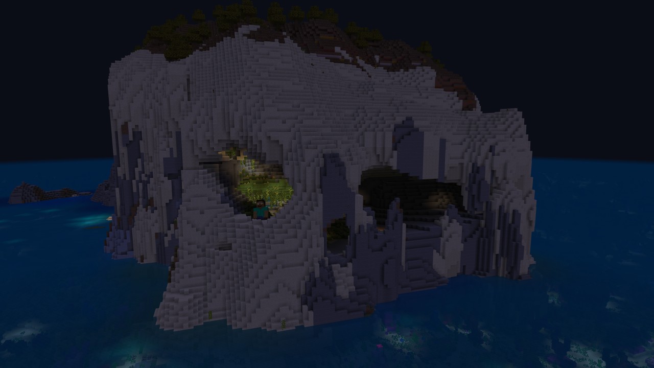 A screenshot of Minecraft featuring an island formed like a melting skeleton. The left eye is glowing, and Herobrine can be seen peering over the water