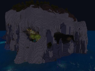 A screenshot of Minecraft featuring an island formed like a melting skeleton. The left eye is glowing, and Herobrine can be seen peering over the water