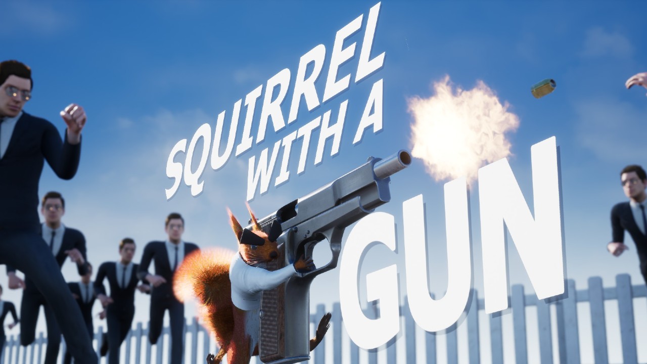 The title screen for the video game "Squirrel with a Gun," featuring a squirrel holding a gun against a blue sky background