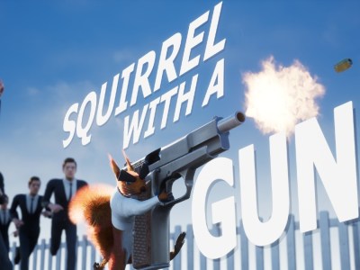 The title screen for the video game "Squirrel with a Gun," featuring a squirrel holding a gun against a blue sky background